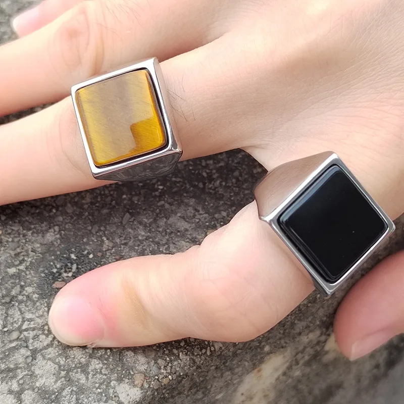 Classic Large Square Onyx Tiger Eye Rings Simple Geometric Men Stainless Steel Anniversary Jewelry Gift for Husband Boyfriend