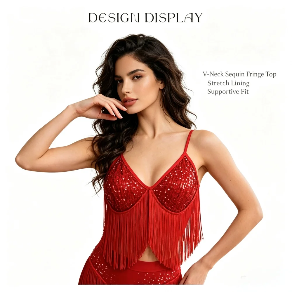 V Neck Sequin Fringe Latin Dance Crop Top Women Spaghetti Strap Camisole Salsa Tango Stage Party Performance Costume