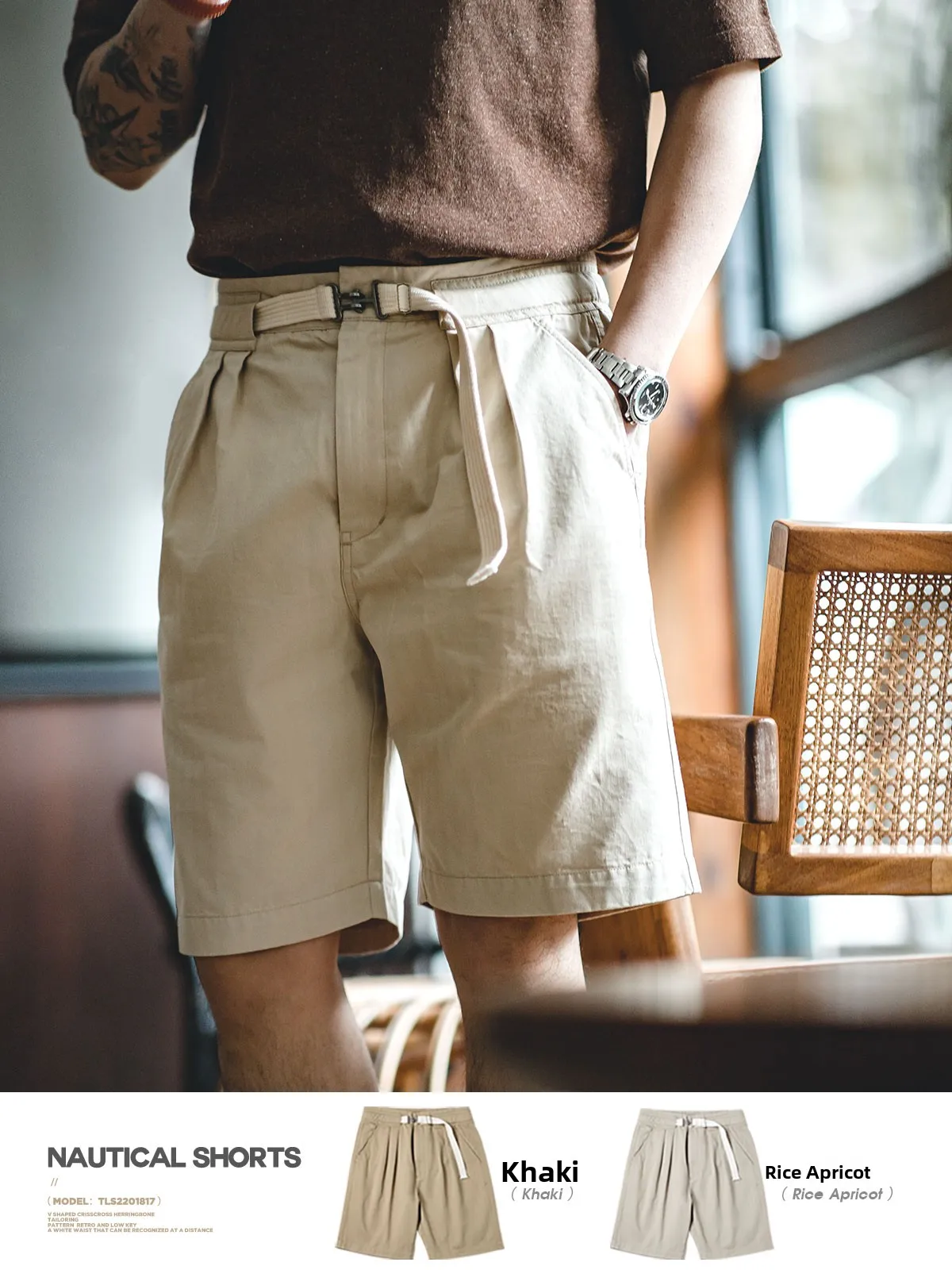 

Maden American Retro Belted Straight Leg orts Outdoor Casual Five-Quarter Pants Men Summer Workwear Khaki Color Pure Color