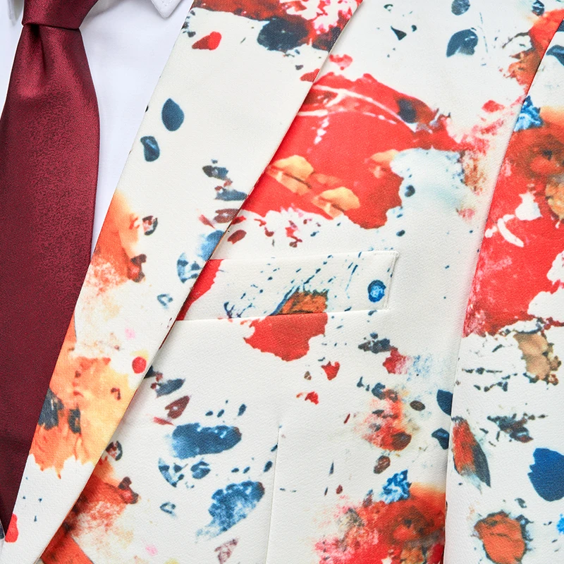 Bold Colorful Paint Splash Pattern Men's Suit Set - Trendy Artistic Style for Festive Events, Korean Slim Fit Jacket and Pants.