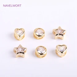 Cuentas de diamantes de imitación chapadas en oro de 14K, corazón, ovalado, pentagrama, Metal de latón, circonita cúbica, espaciador, accesorios para hacer joyas DIY