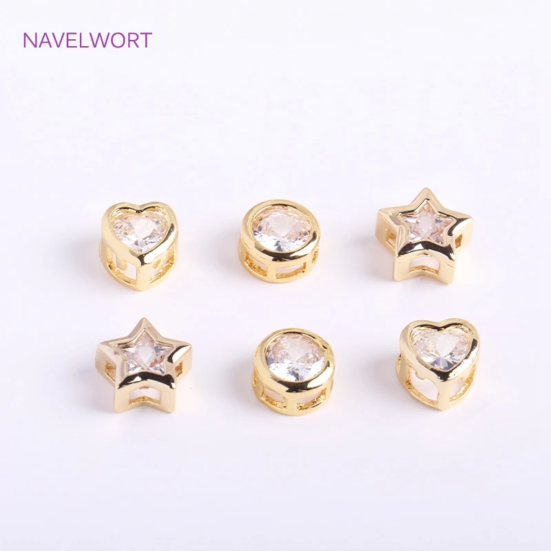 14K Gold Plated Rhinestone Heart/Oval/Pentagram Beads Brass Metal Cubic Zirconia Spacer Beads DIY Jewelry Making Accessories