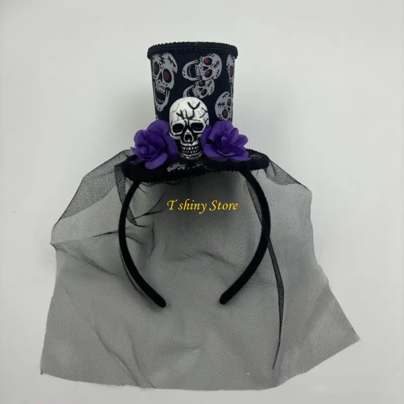 N58F 주제 모임을위한 얇은 베일 헤어 피스 파티 장식을 가진 Spooky Halloween 헤어 액세서리 두개골 머리띠