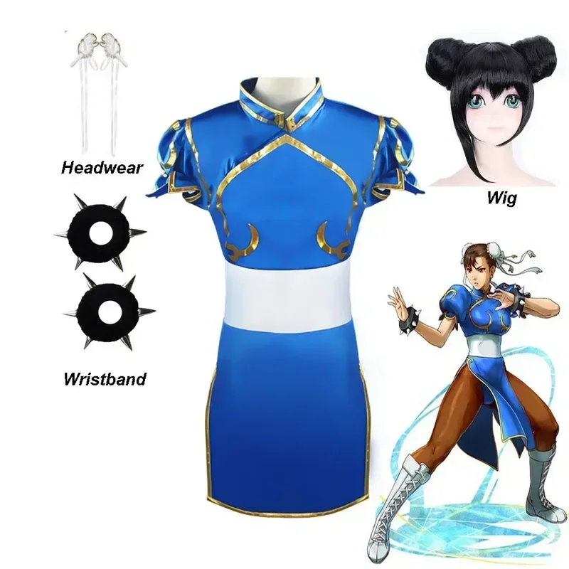 Juegos Chun Li disfraces de Cosplay fiesta de Halloween Sutorito Faita vestido Cheongsam azul cinturón tocado con peluca ropa para mujeres y niñas