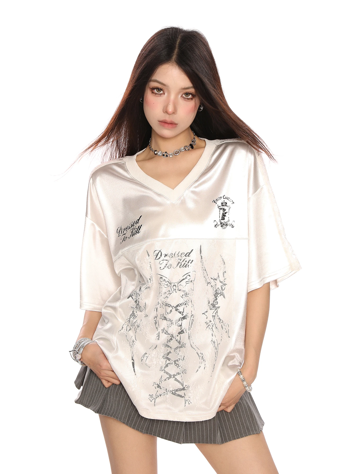 

High Quality Hot Selling Wholesale Ballet Satin Butterfly Lace Patchwork Short Sleeved T-shirt Women's Summer Sports Jersey Y2k