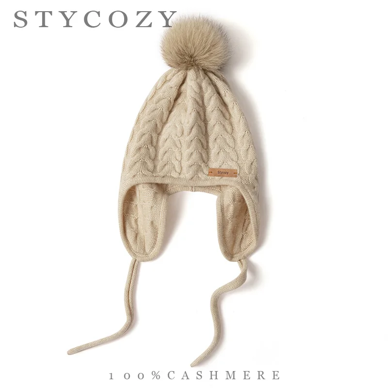 Ladies'100%Cashmere Chunky Cable Ear Flap Beanie Fluffy Large Pom Pom Winter Knit Trapper Cap Windproof Warm Casual Lei Feng Hat