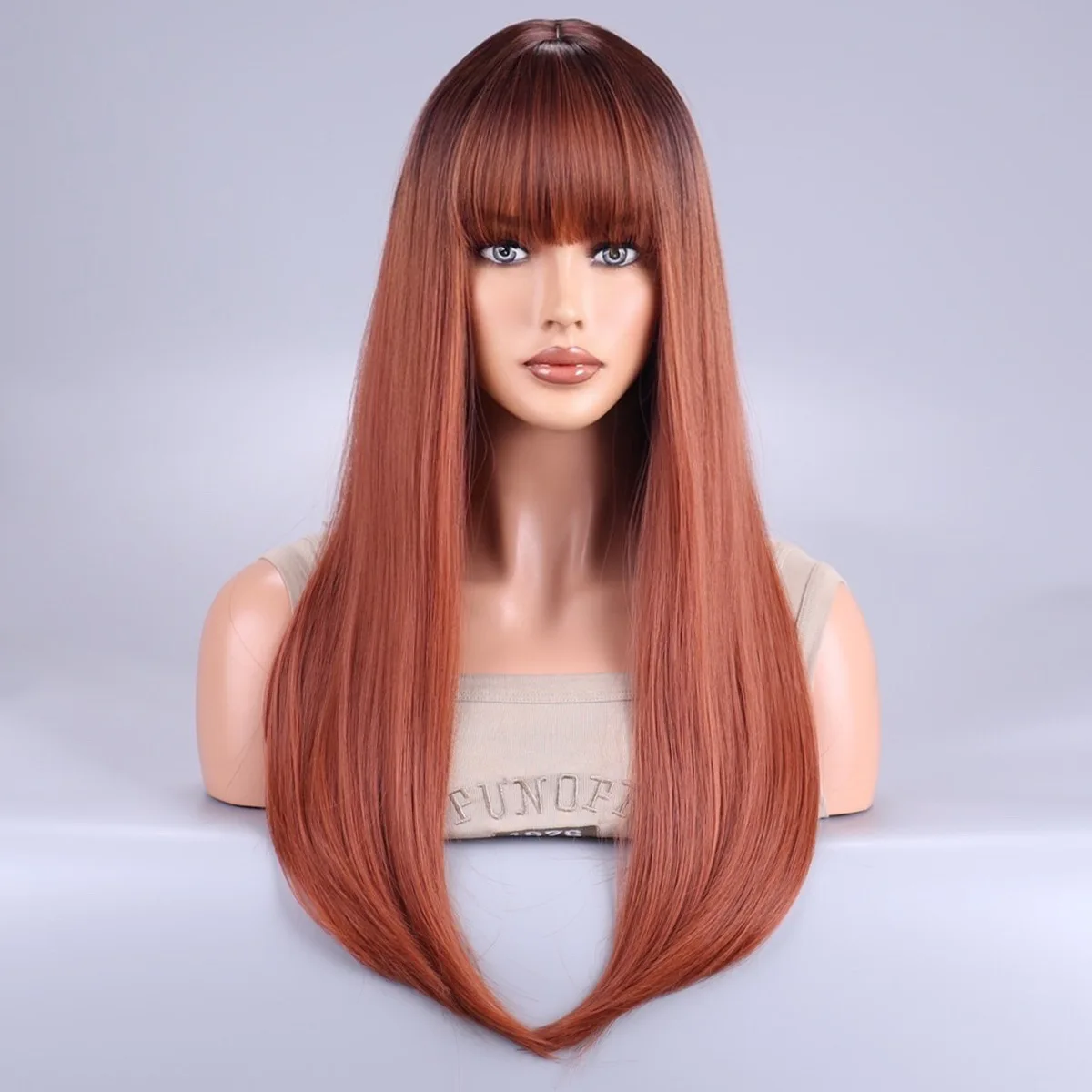 

Medium bangs wig Female Hair top brown gradual change Golden rose mesh headgear Chemical fiber Wig