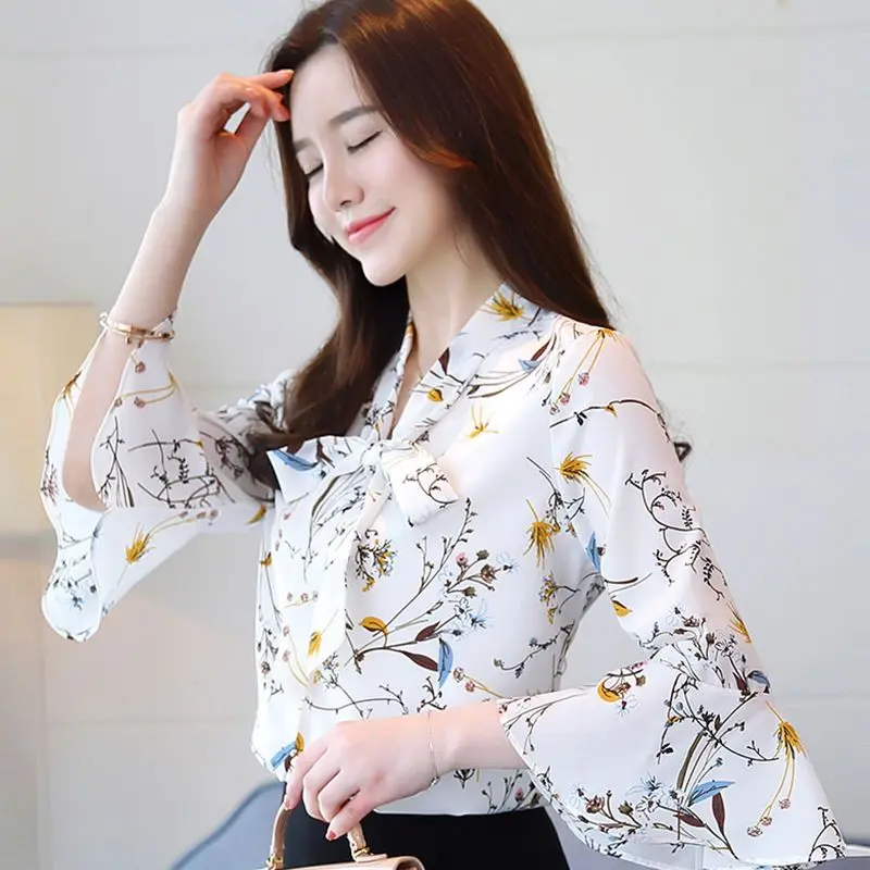 Floral Print Covering Belly Three Quarter Sleeve Chiffon Shirt for Women\'s Summer New Korean Version Stylish Loose Bottomed Top