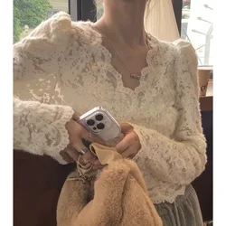 Women's Lace Bottom Autumn and Winter 2023 New Fashion Hollow Out Solid Color V-neck Pullover Long Sleeved Shirring Folds Tops