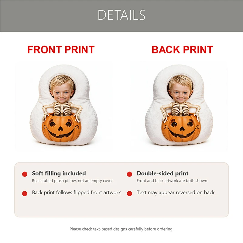Personalized Photo Face Pillow with Custom Photo/Text & Smiling Skeleton Pumpkin Shape - Cushion Suitable for Sofa, Bed Decor, B
