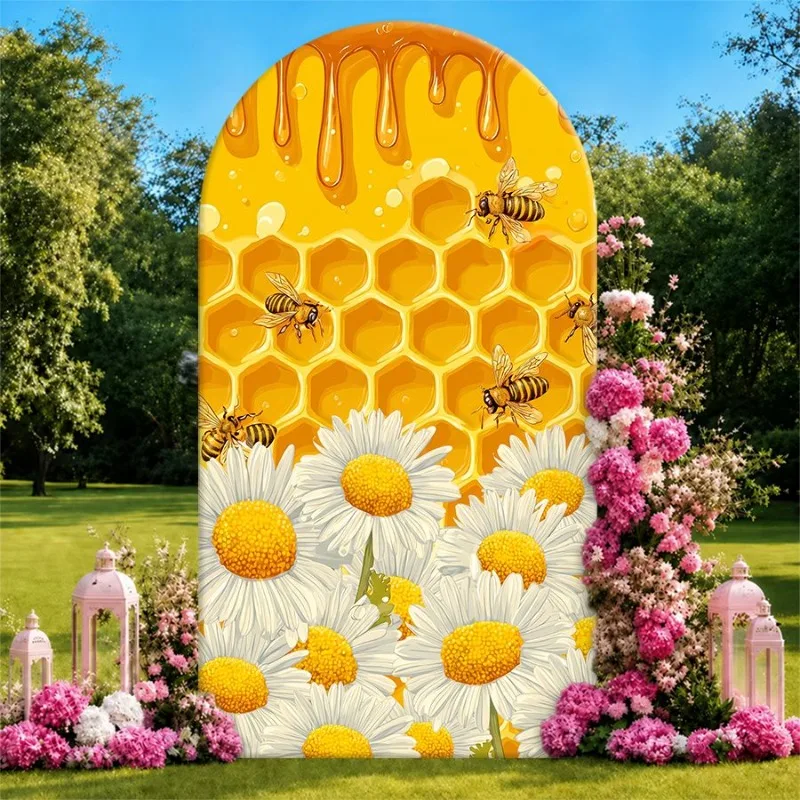 片面アーチ型背景幕カバー、ハニカムとデイジーガーデンの背景幕、蜂蜜を垂らす蜂が描かれたエレガントなパーティー用