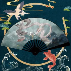 Chinese Folding Fan Vintage 30cm Bamboo Silk Hand Fan Chinese Inkjet Shan Hai Jing Mythological Animal Hanfu Decor Fans Abanico