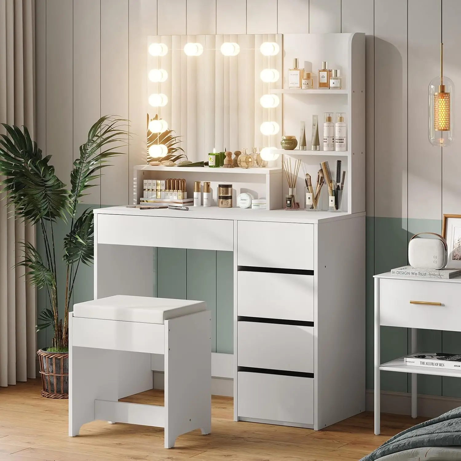 W Vanity Desk, Vanity Mirror with Lights and Table Set with 5 Drawers, Vanity Set 3 Lighting Modes Brightness Adjustable