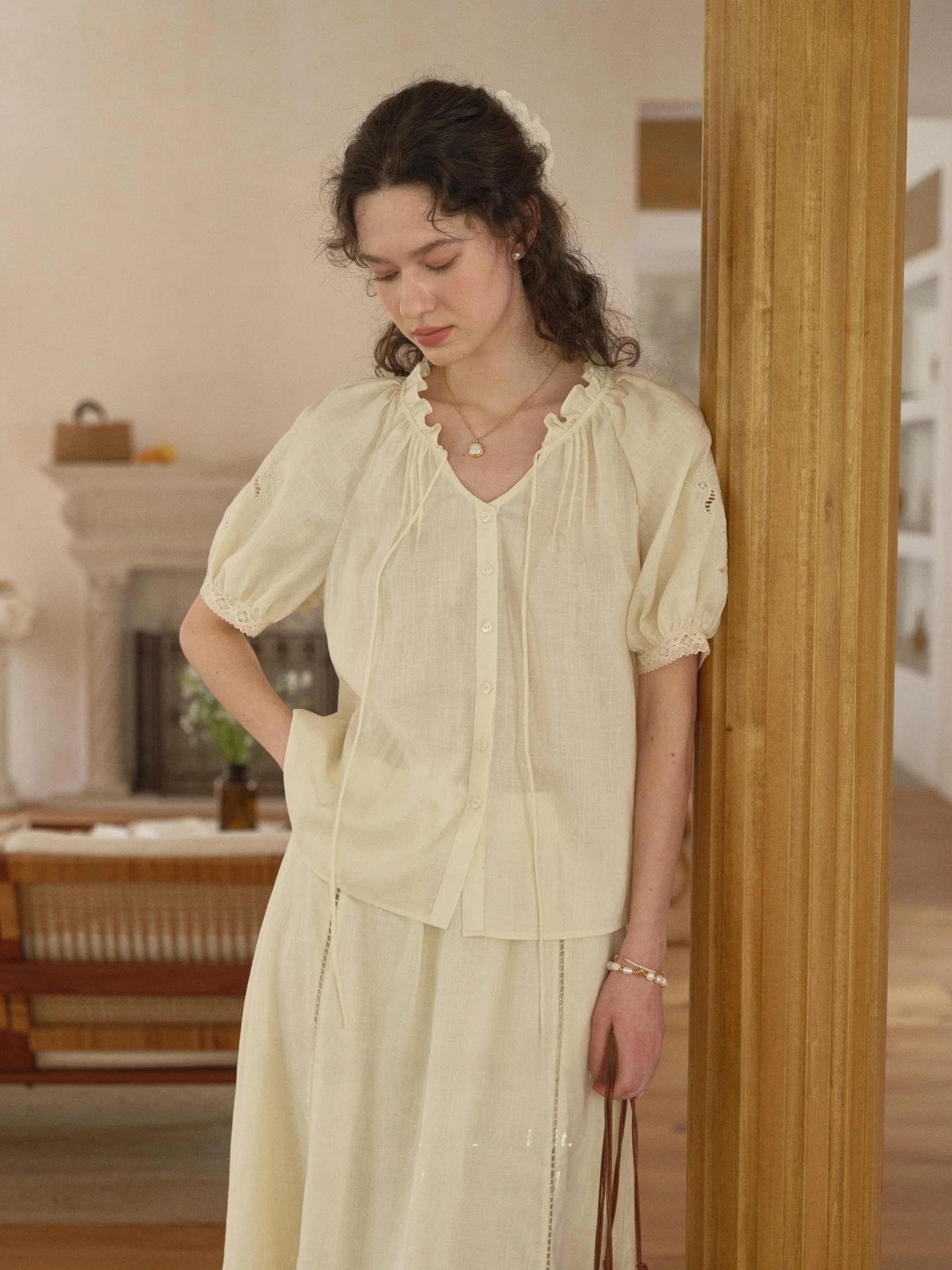 SimpleRetro Women's Summer Shirt Skirt Set  Linen Bubble Sleeve High Waist Casual Fashion Ensemble