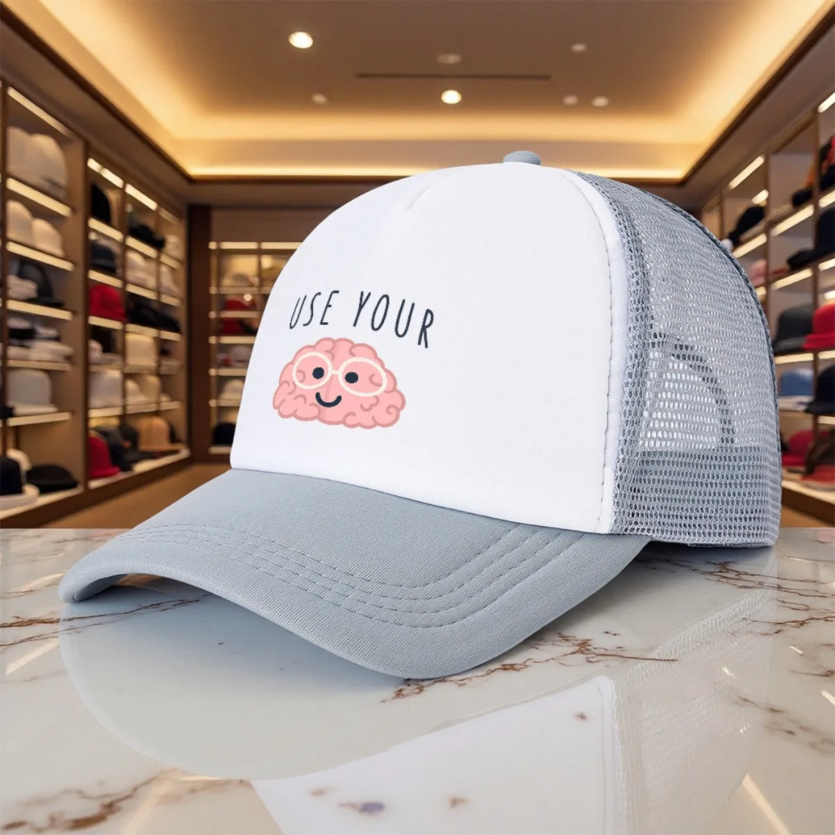 Use Your Brain Cartoon Graphic Trucker Hat Unisex Polyester Mesh Adjustable Outdoor Cap