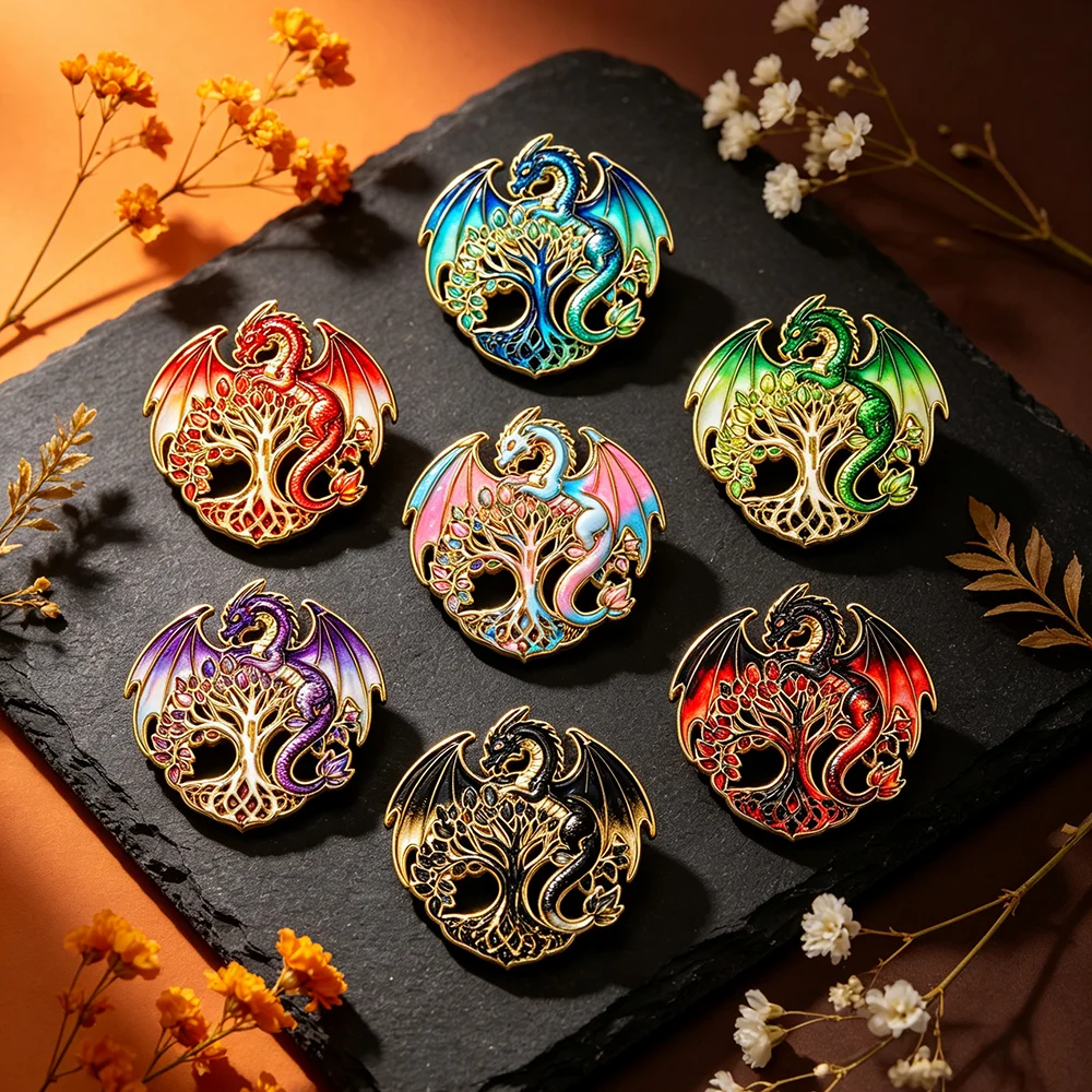 7Pcs Colorful Enamel Pin Set - Dragon Tree of Life Design Fantasy Winged Dragons Hollow out Tree Badge Lapel Brooch for Backpack