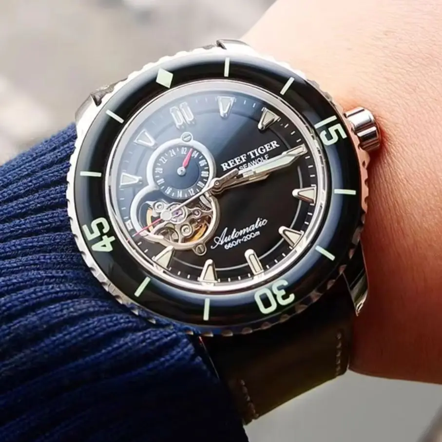 Reef Tiger Men Automatic Watch 44mm Mechanical Wristwatch Diver 20ATM Waterproof Military Luminous Sapphire Mirror & Bezel
