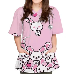 Women's Cartoon Rabbit Print T-Shirts Nurse Uniform Stretch V-Neck Short Sleeve Tee Top With Pocket Work Scrubs Medical Uniforms