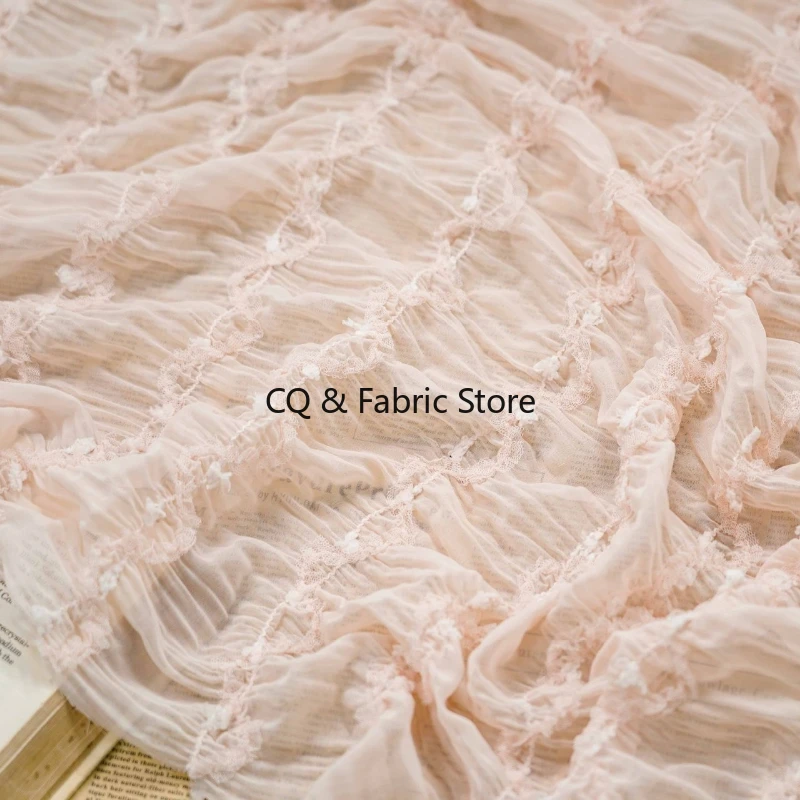 Fashion Spring Summer Pleated Bubble Embroidered Chiffon Fabric Sweet Doll Dress Handmade Dress Material Multi Color