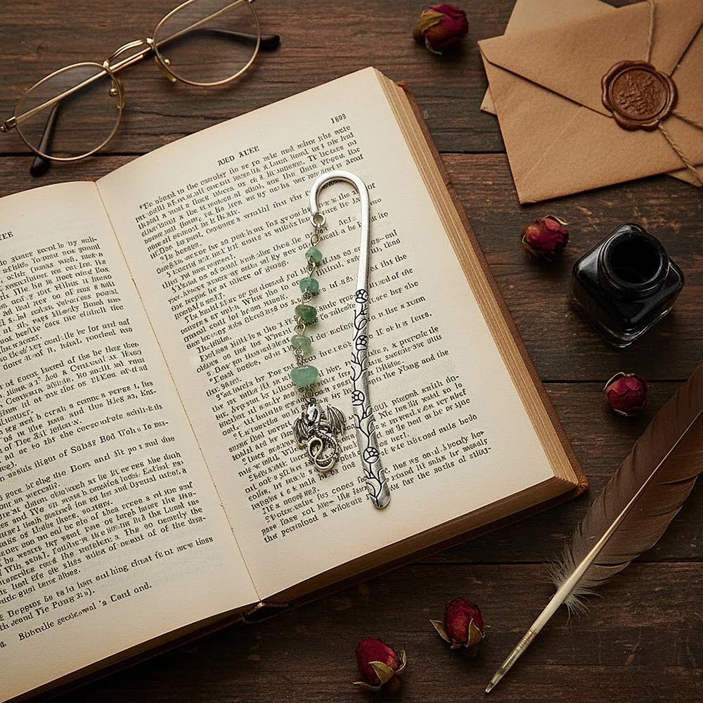 Marcapáginas de Metal de dragón de fantasía, cadena de cristal con dijes de dragón, útiles escolares para estudiantes, regalos de Navidad para mujeres