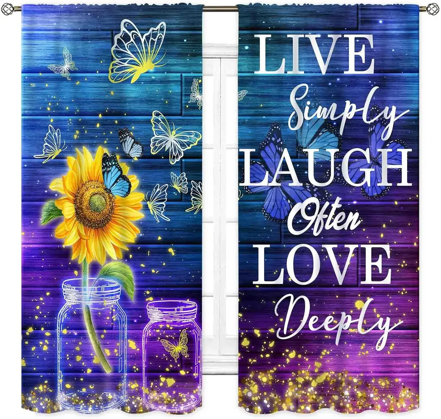 Sunflower Curtains, Rustic Galaxy Universe Yellow Flower Positive Quotes Inspirational Farmhouse Country Purple Window Drapery