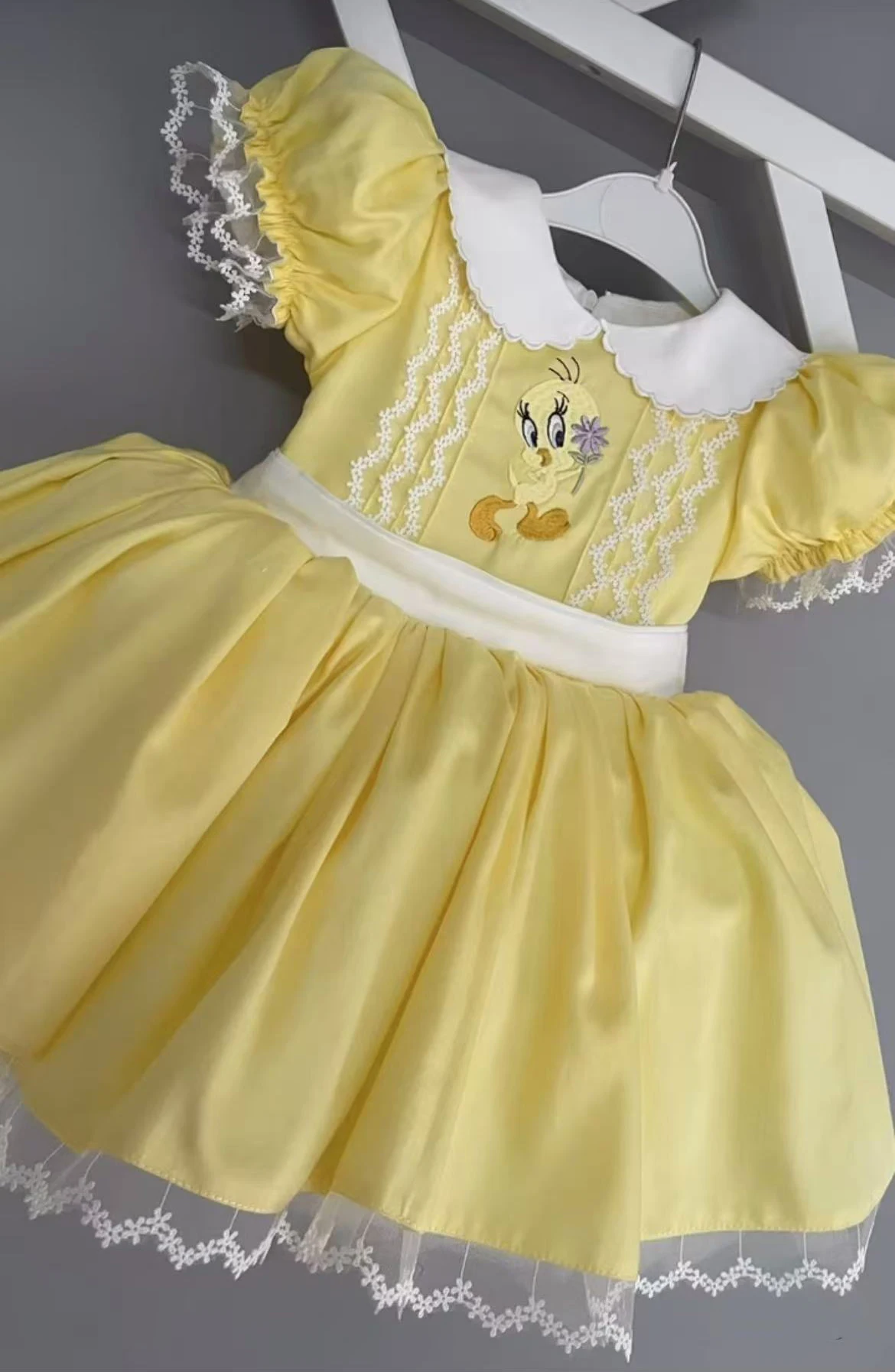 Baby Girl Summer Yellow Chicken Embroidery Vintage Spanish Princess Ball Gown Dress for Party Holiday Eid Casual