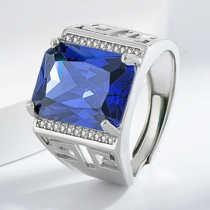 

Big Square Blue Topaz Diamonds Vintage Geometric Pattern Carving Rings for Men White Gold Silver 925 Jewelry Cool Finger Bands