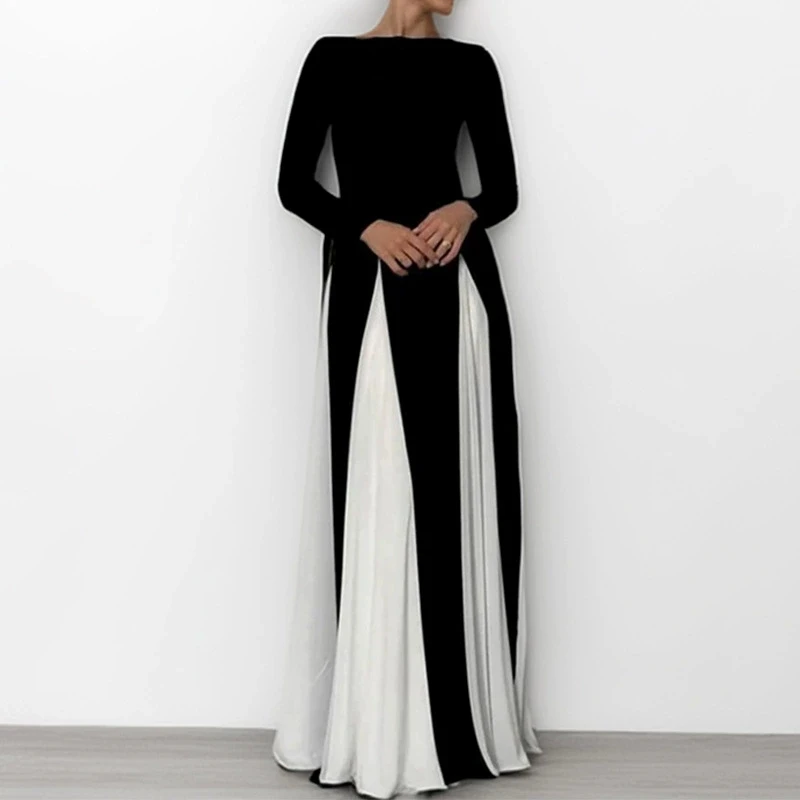 

2025 Spring & Autumn Women's Long Sleeve Round Neck A Line Contrast Color Dress, Stylish Black & White Patchwork Long Dress