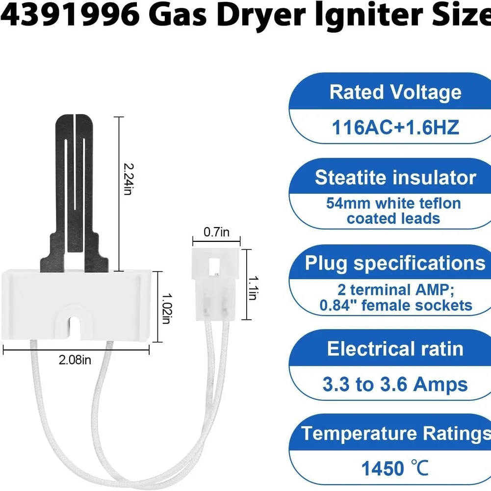 Gas Dryer Igniter Replacement For WE4X750 4391996 279311, Robust Stainless Steel Flame Sensor For Rapid 1450C Heating