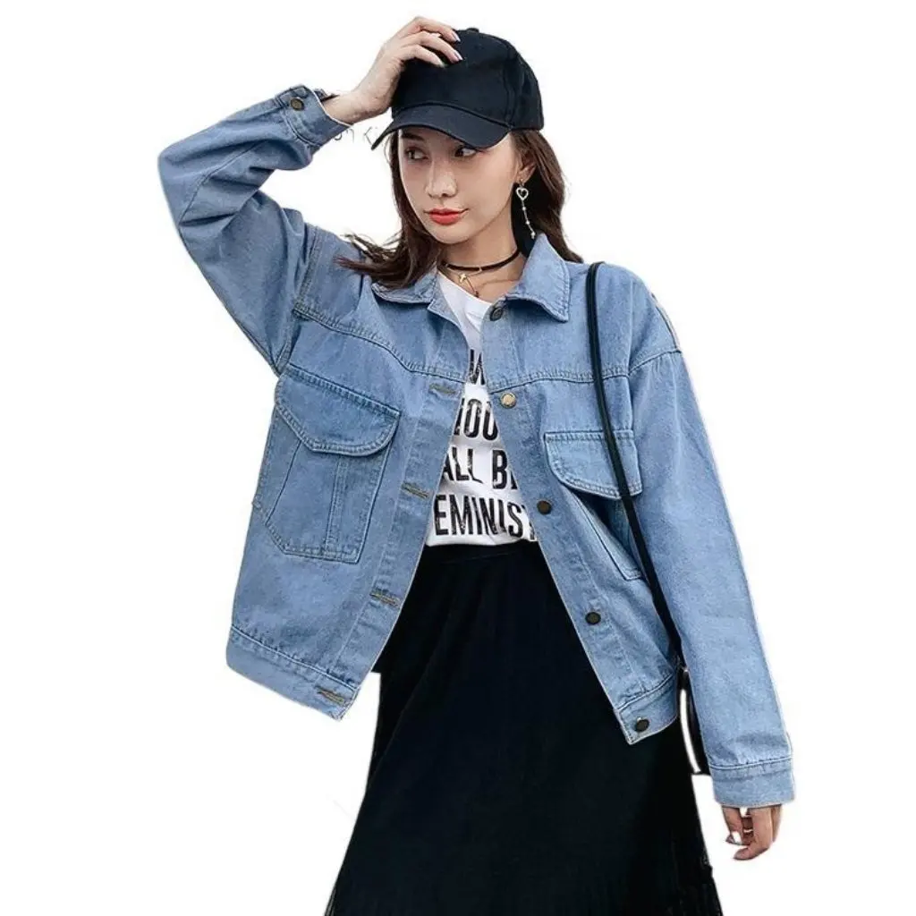

Women's Denim Jacket Short Top with Bat Sleeves Lazy Style Western Influence for Spring And Fall Fashion