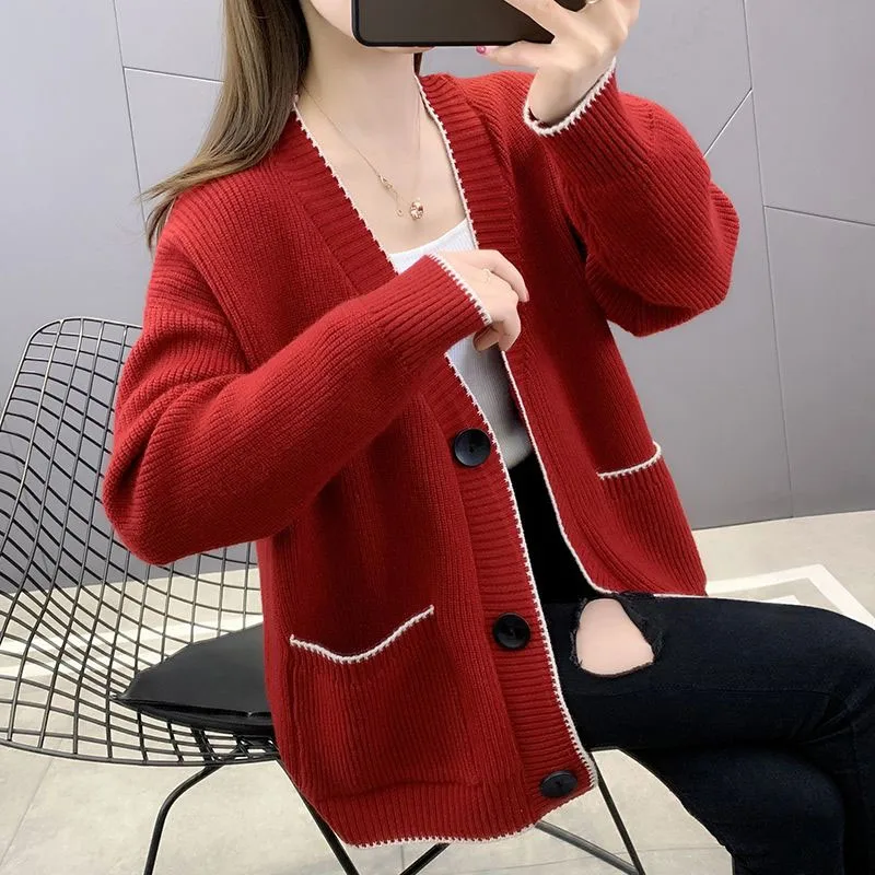 New Autumn/Winter Fashion Korean Edition Thickened Small Fragrance Loose Versatile Western Women\'s Long sleeved Knitted Cardigan