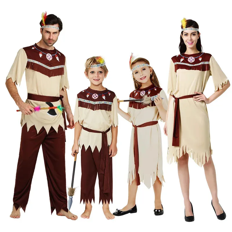 

Unisex Indian Indigenous Costume Men Woman Cosplay Suit Tassel Savage Forest Hunter Costume Kids Halloween Stage Show Props
