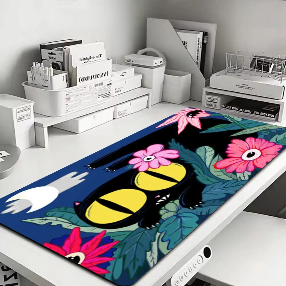Oversized Desk Pad With Cartoon Black Cat Home Print Non Slip Rubber Stitched Edge XXL Mouse Mat For Gaming Office Laptop PC
