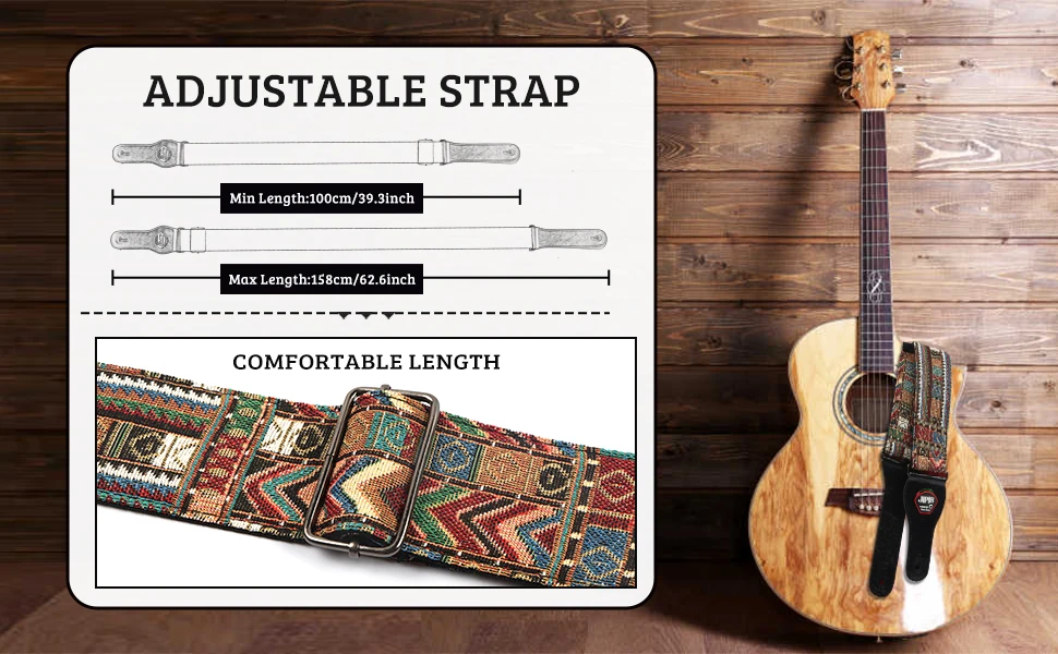 Baumwoll-Gitarrengurt mit Lederende, verstellbarer weicher Gurt für Bass, elektrische und akustische Gitarren, kostenlose Gitarrenplektren*3 – Detail 4