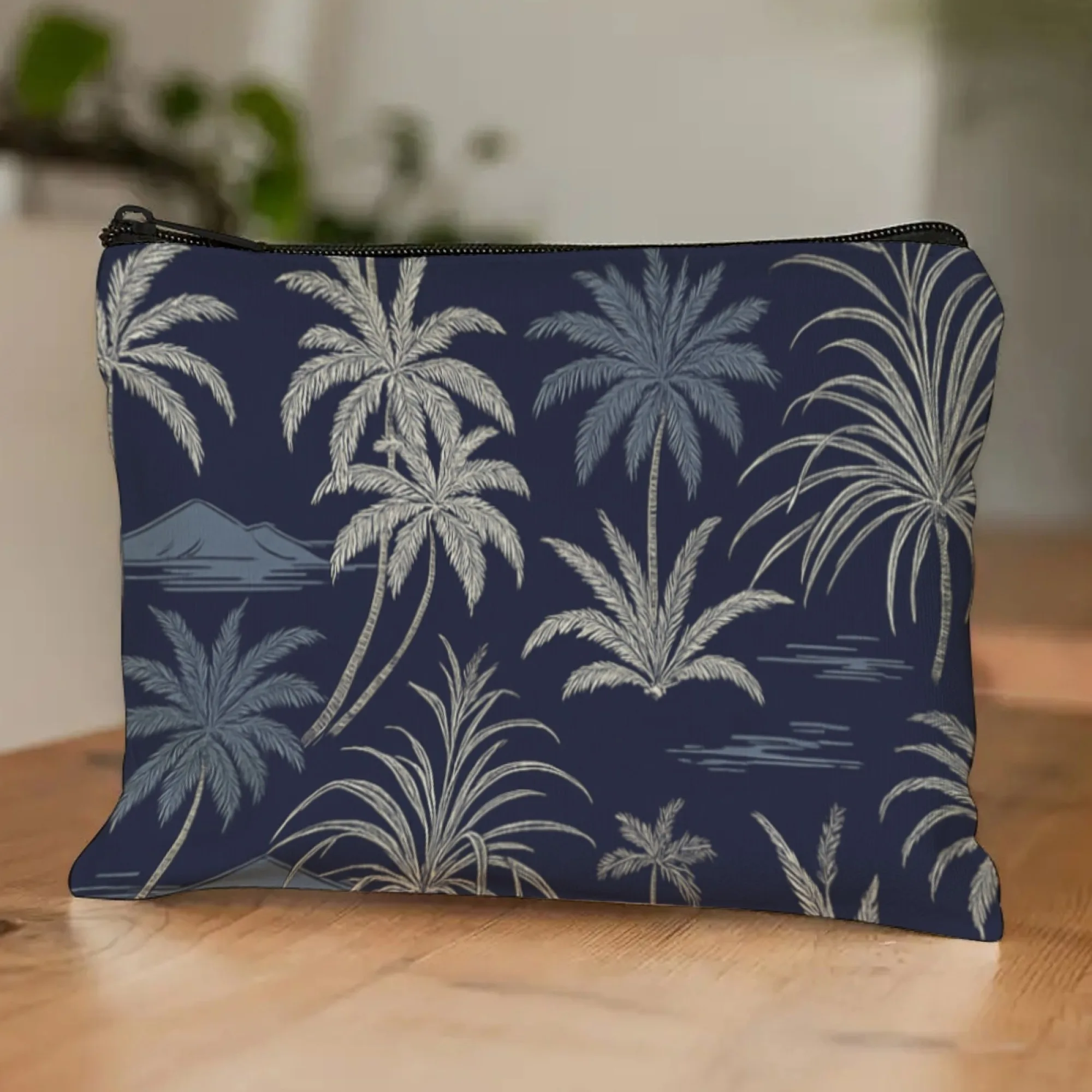 Summer Ocean Tropical - Themed Navy Canvas Makeup Bag with Palm Tree Print, Cosmetic Organizer for Beach Trips & Daily Use
