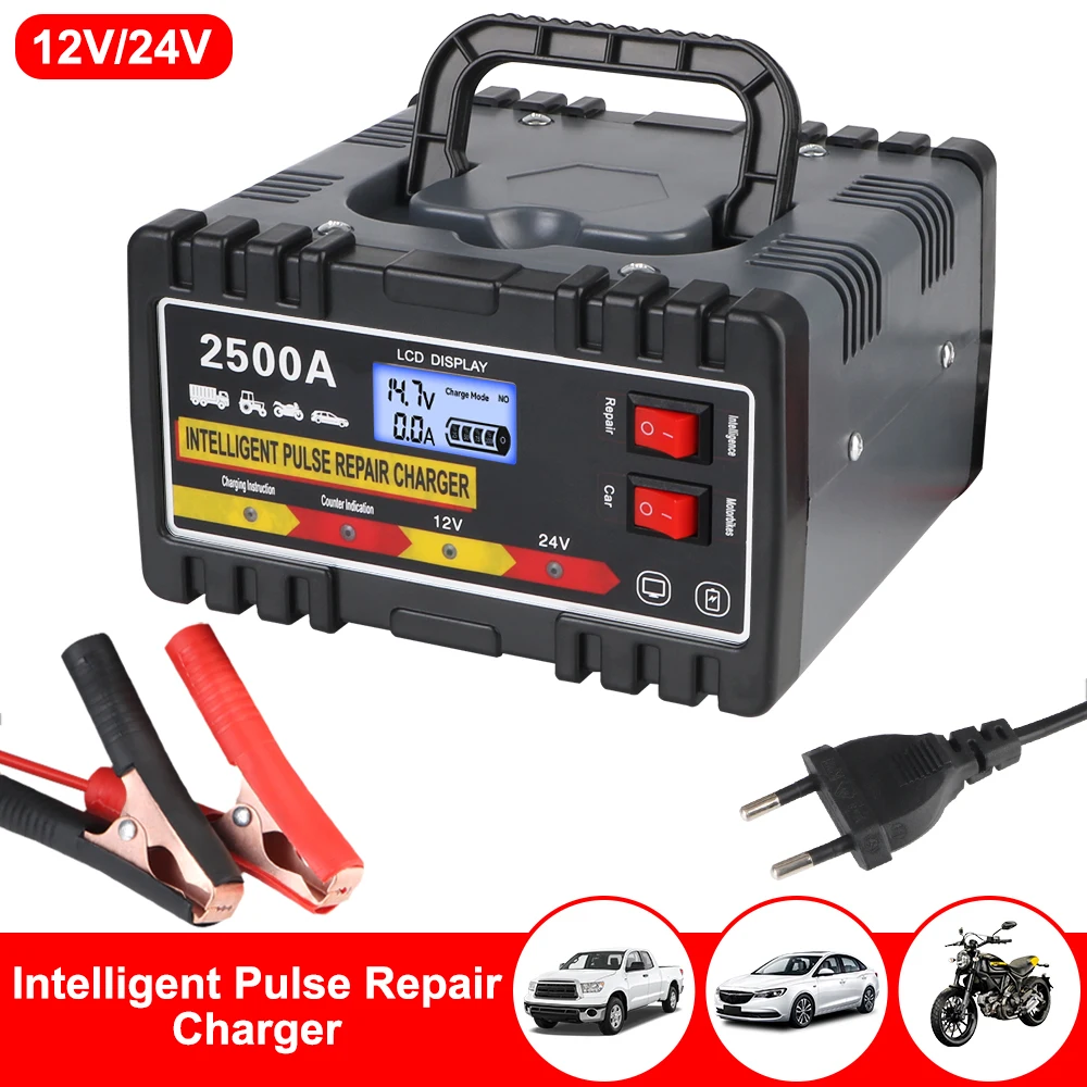 Intelligent Pulse Repair Charger For Car Motorcycle Lead-acid Battery Fast Charger Digital LCD Display EU Plug 12V24V 220W