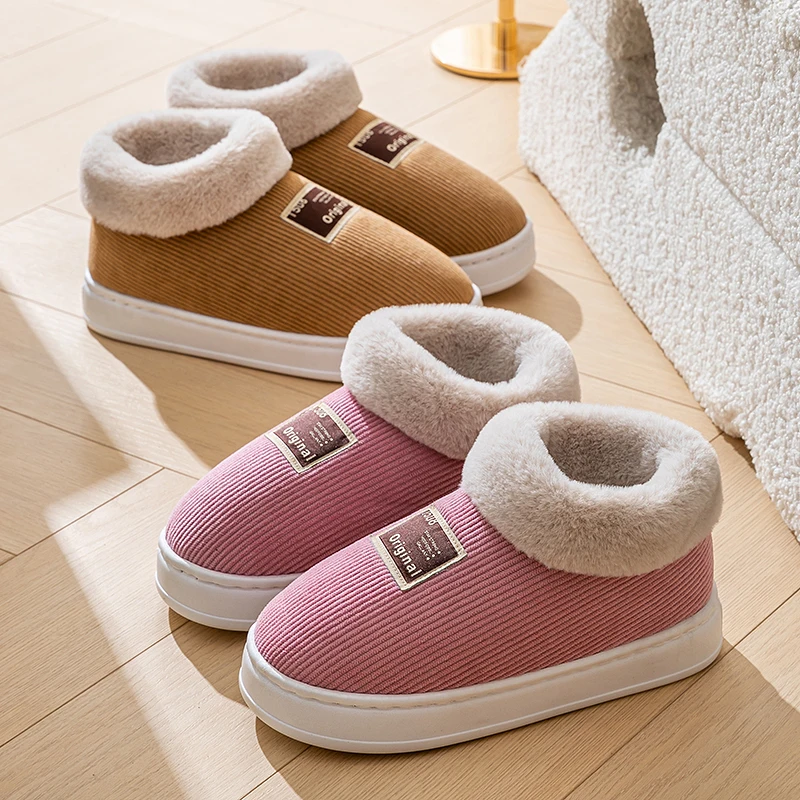 Winter Thickened and Velvet Women Cotton Mid-cut Slippers Stripe Warm Indoor Home  Non Slip Flat Bottom Outdoor Wear Snowshoes