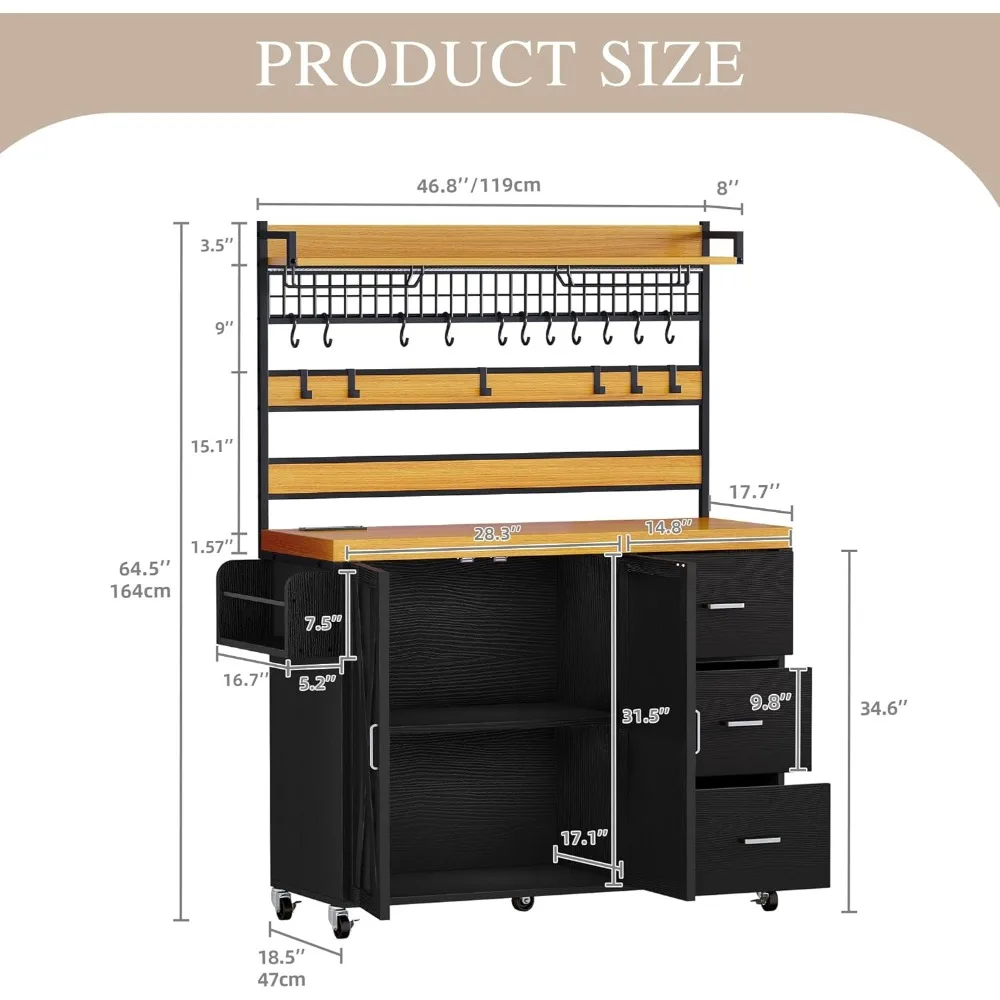 farmhouse coffee bar cabinet with power outlet and led, 53 inch wine bar cabinet with storage, tall shelf on wheels, 3 drawers,