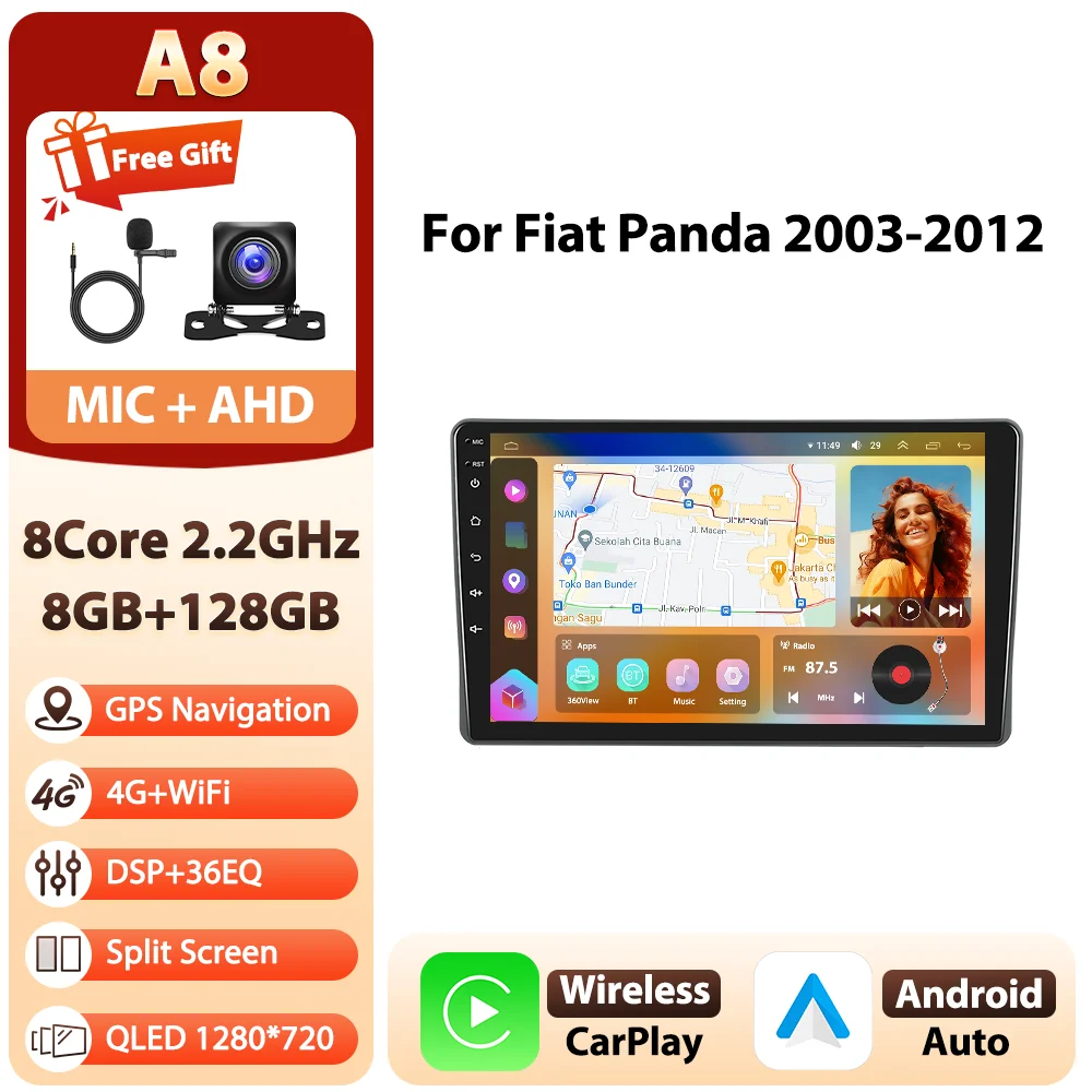 Podofo Android 9 inch 8-core 8+128GB autoradio voor Fiat Panda 2003-2012 met 4G WIFI, multimediaspeler, GPS, AM/FM/RDS