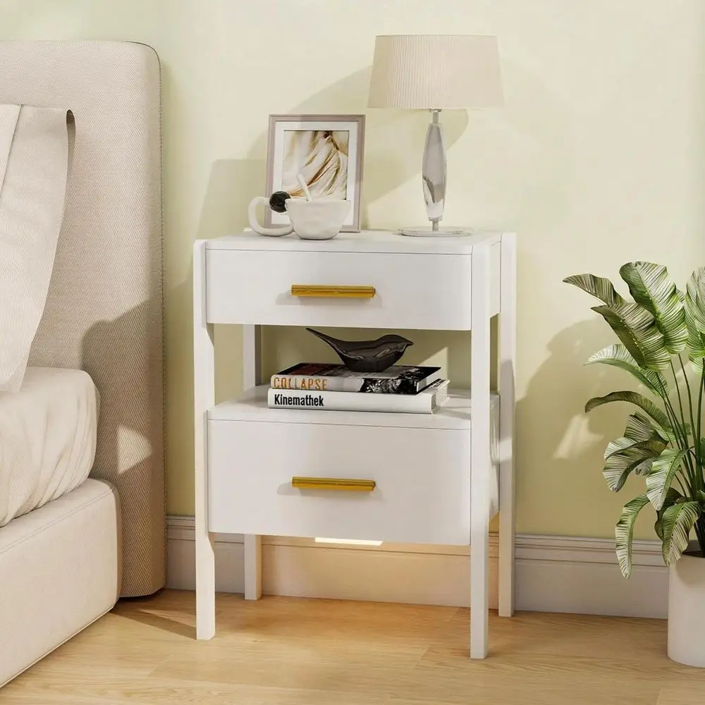 

Contemporary White Wooden Nightstand with Dual Drawers, Open Shelf, Gold Handles, and Built-in Sensor Light for Bedroom Storage
