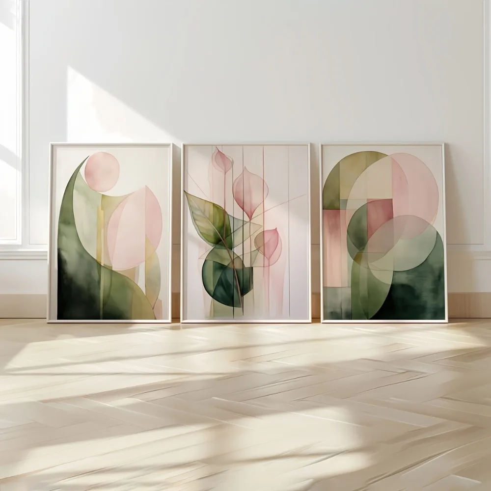​ Rahmenlose moderne grüne rosa abstrakte Pflanzen-Wandkunstdrucke, Aquarelldrucke, Pflanzen-Leinwandposter, ästhetische Wanddekoration