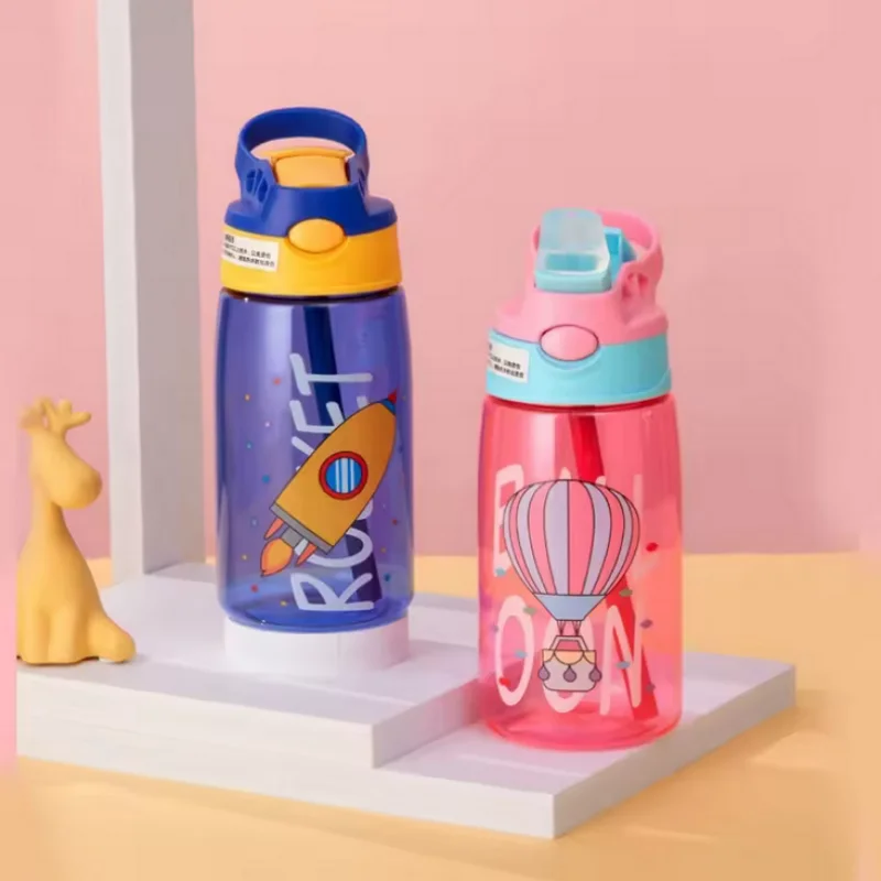 Summer Plastic Water Cup Children Cartoon Element Printed Water Cup Student School Sports Handle Portable Water Cup Cold Kettle