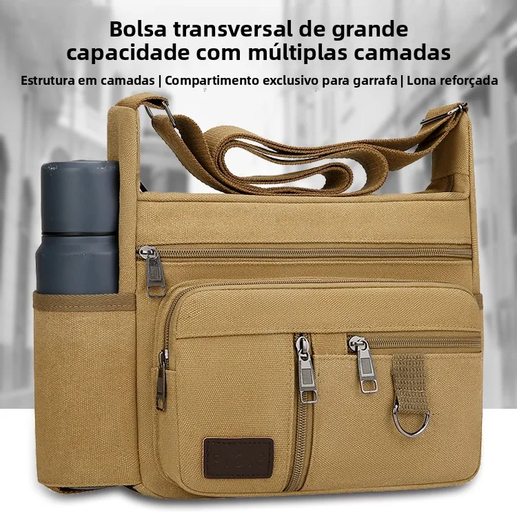 Mochila de Lona Estilo Coreano, Bolsa de Ombro Único, Pode Acomodar Copo de Água, Bolsa para Celular Masculina, Grande Capaci...