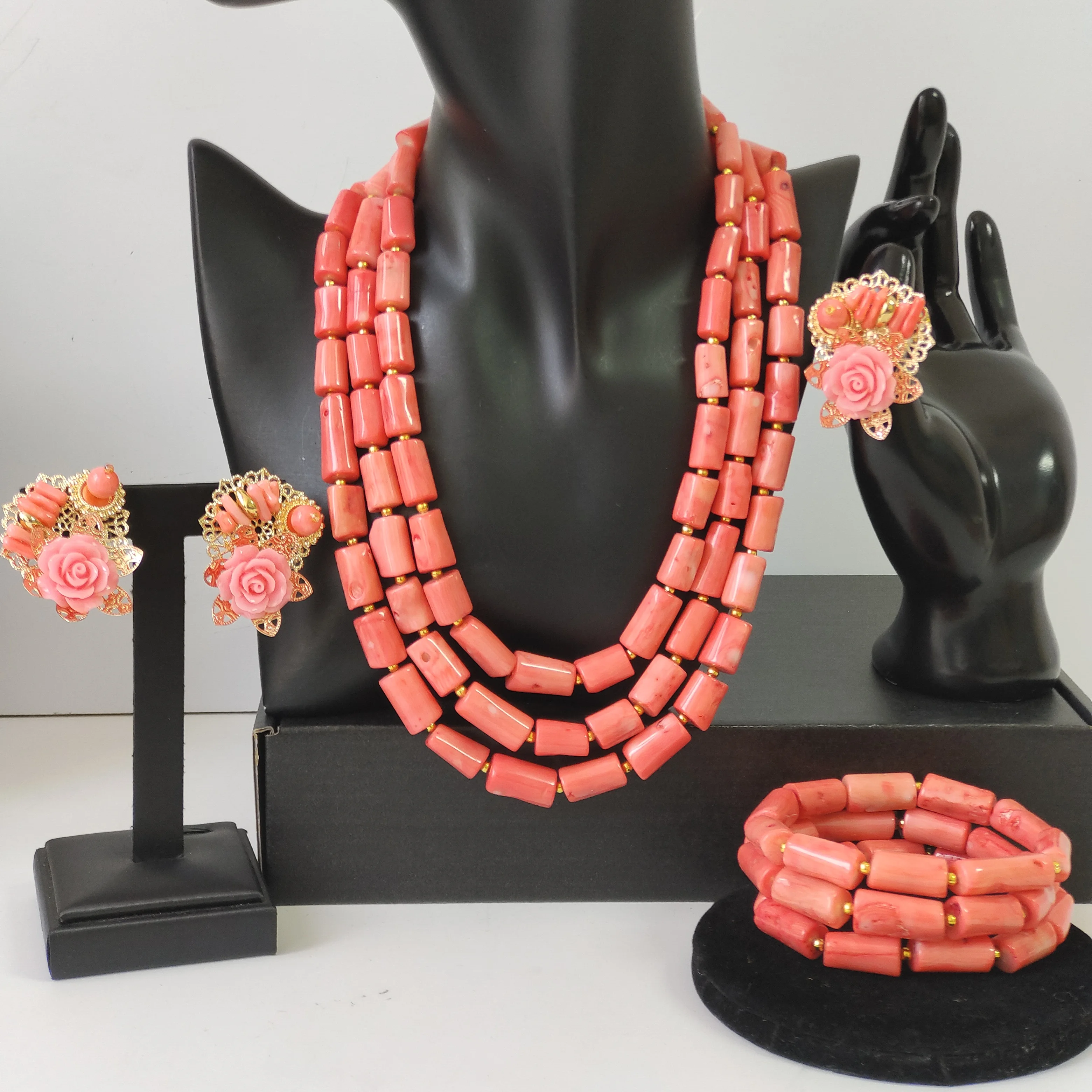 Pink Nature Coral 4 Layers Coral Beads Jewelry Set With Necklace Bracelet Earrings Ring