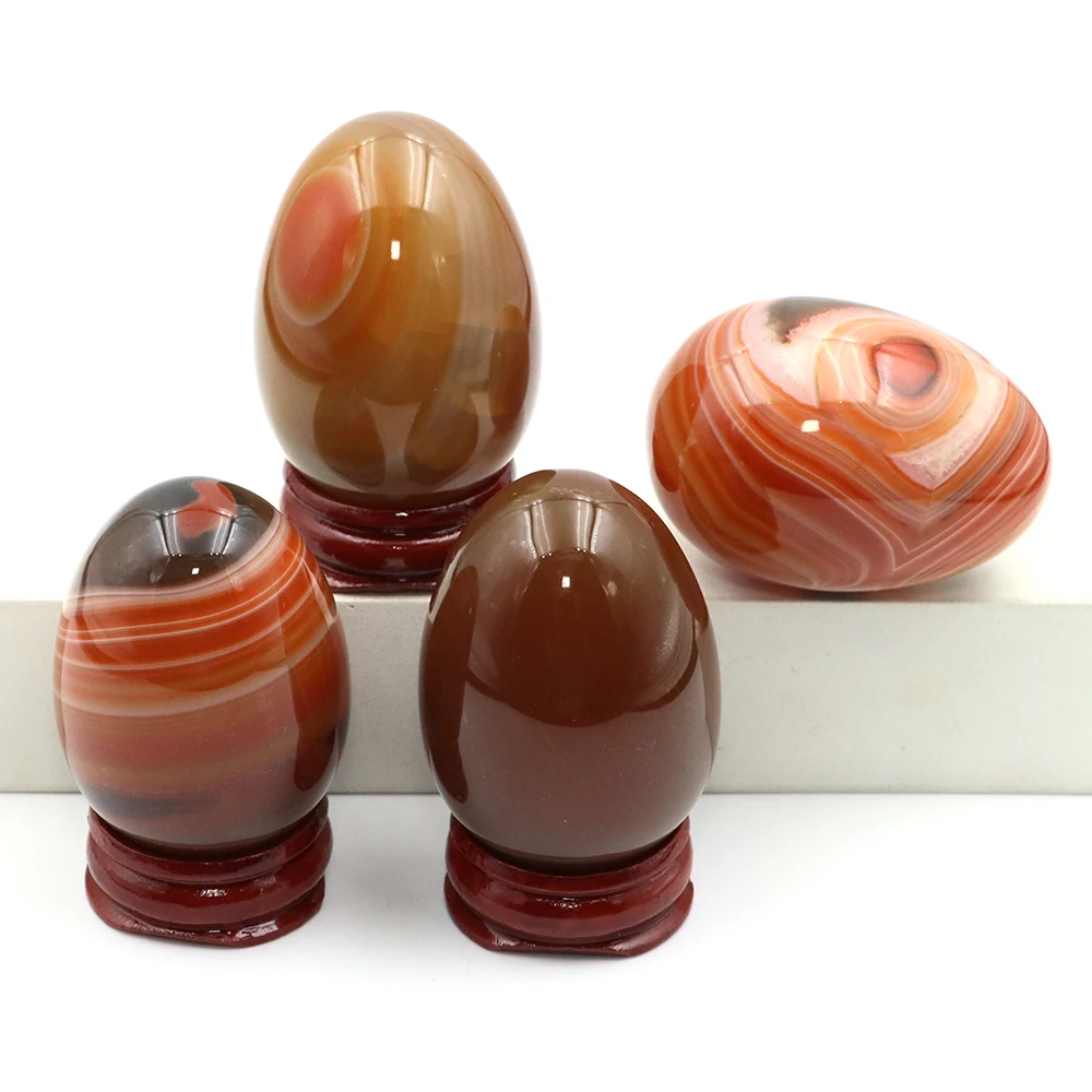 1pc Natural Red Agate Gemstone Carved Egg Crystal Quartz Figurine for Chakra Healing Reiki Crafts Home Decoration with Wood Stan