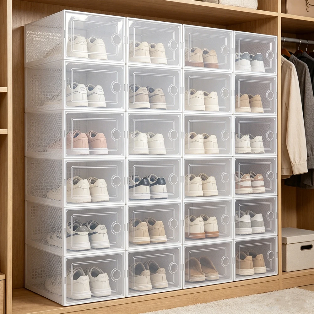 Boîte à chaussures pliable transparente et épaisse, anti-poussière, pour la maison, 12/6 pièces, organisateur de chaussures empilable, organisateurs de placard