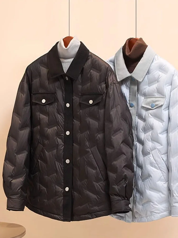 Fashion 2024 New Autumn Winter Light Thin Puffer Jacket Women 90%White Duck Down Coat Loose Single Breasted Solid Color Outwear