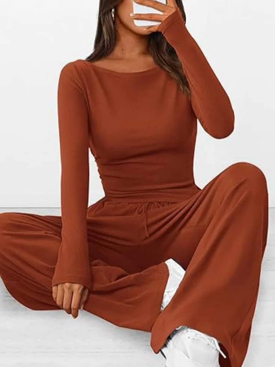 

2025 Autumn Solid Color Women's Casual Suit Two-piece Fashion Asymmetric Long-sleeved Slim T-shirt Lace-up Wide-leg Pants