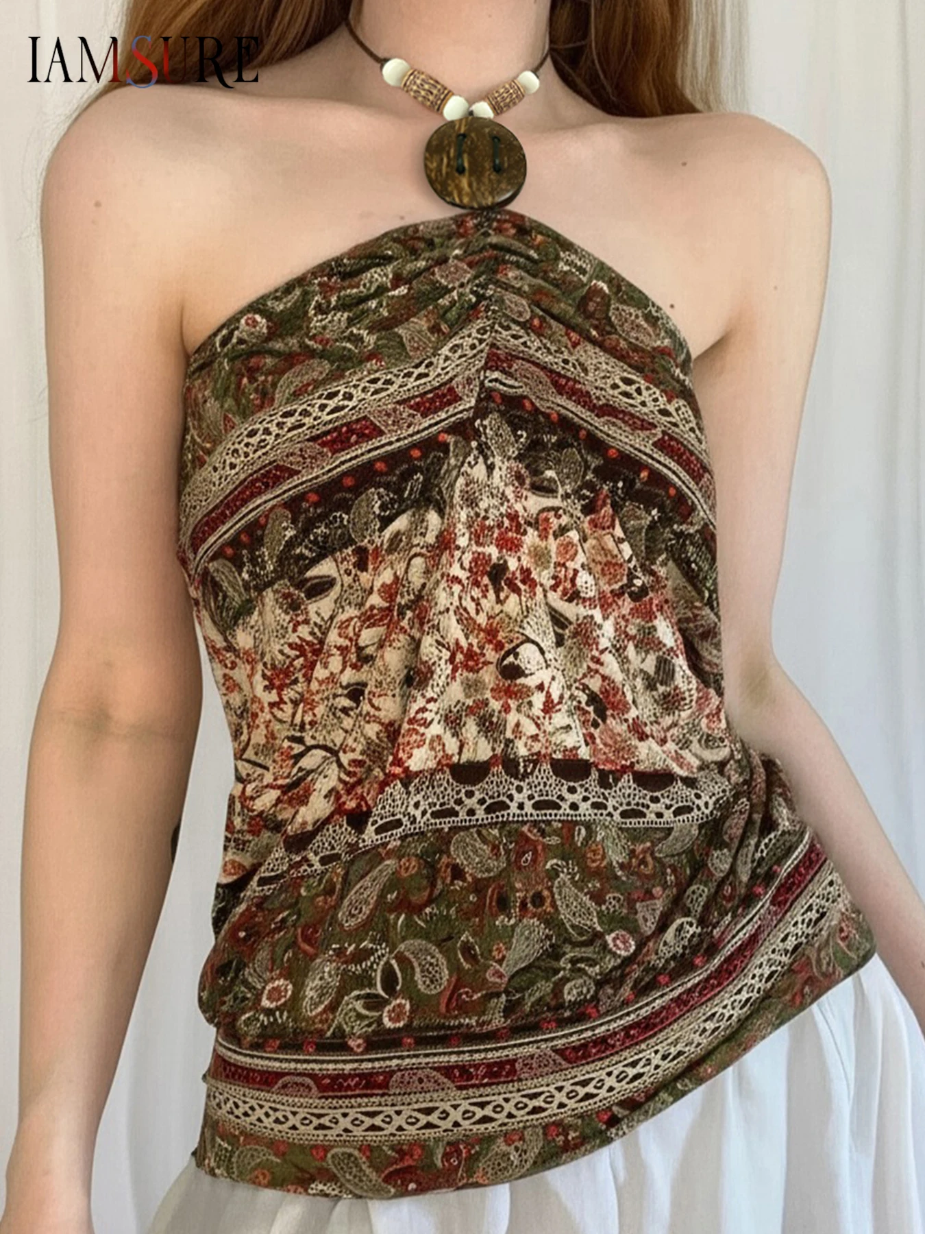 

IAMSURE Vintage Bandage Paisley Halter Tops Slim Slash Neck Sleeveless Tank Tops Women 2025 Summer Fashion Streetwear Ladies
