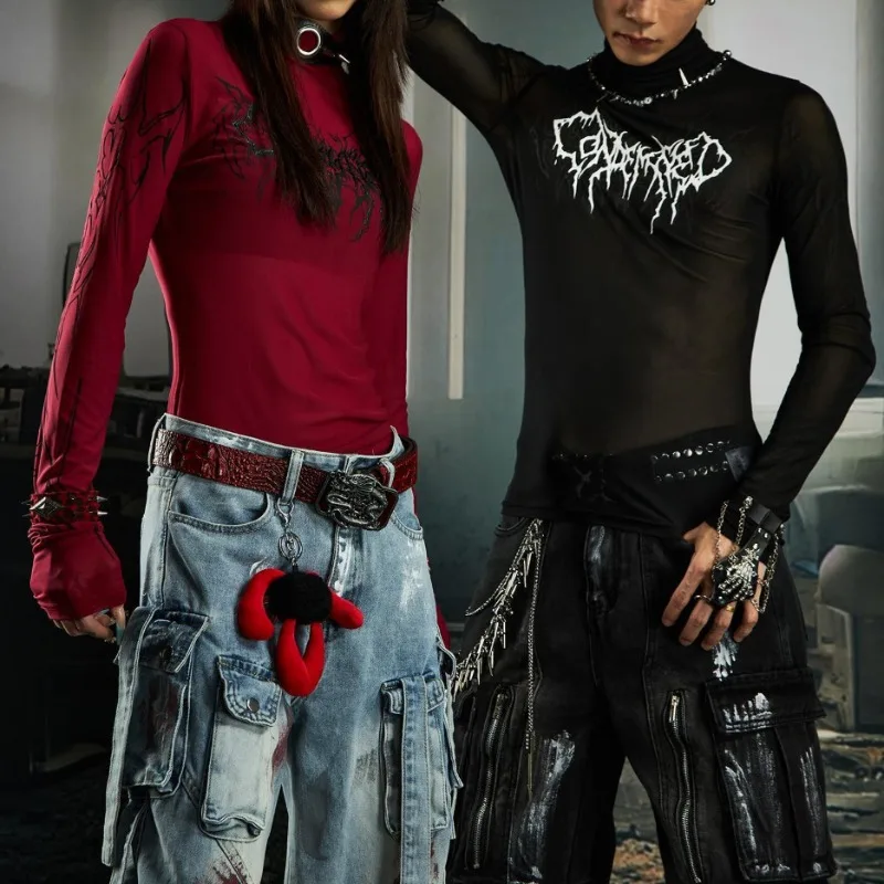 

Men Niche High Elasticity Tight T-shirt Unisex Offset Print High Neck Tops Slim Fit Versatile Long Sleeved Mesh T-shirt Punk